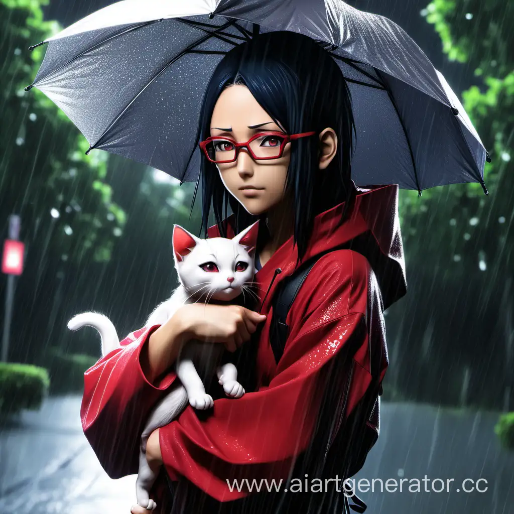 Сарада Учиха под дождём с котёнком