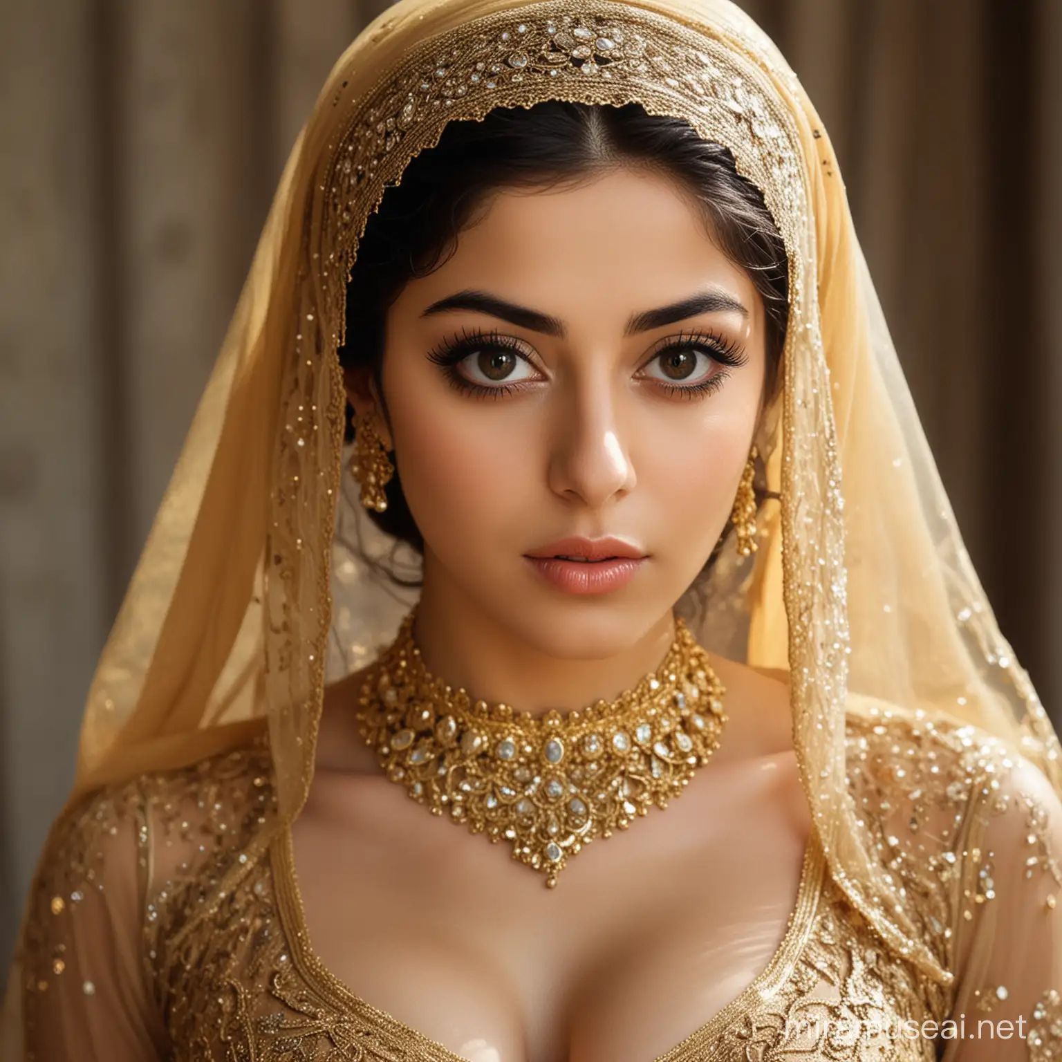 یک دختر زیبای حجابی ایرانی، با لباس رنگ طلای، و چشم‌های بزرگ و سیاه، و سینه‌های بزرگ 