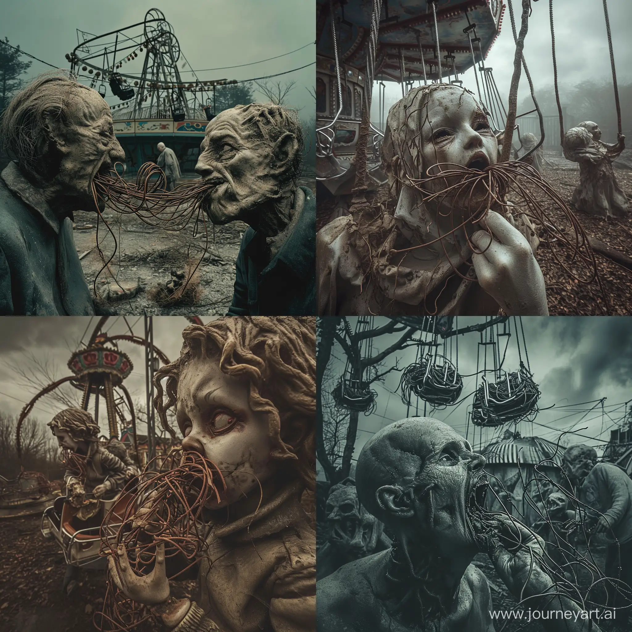Abandoned amusement park, decrepit ride. Weird people eating rusted wire. Beksinski style, grotesque, haunting, unsettling, dark.