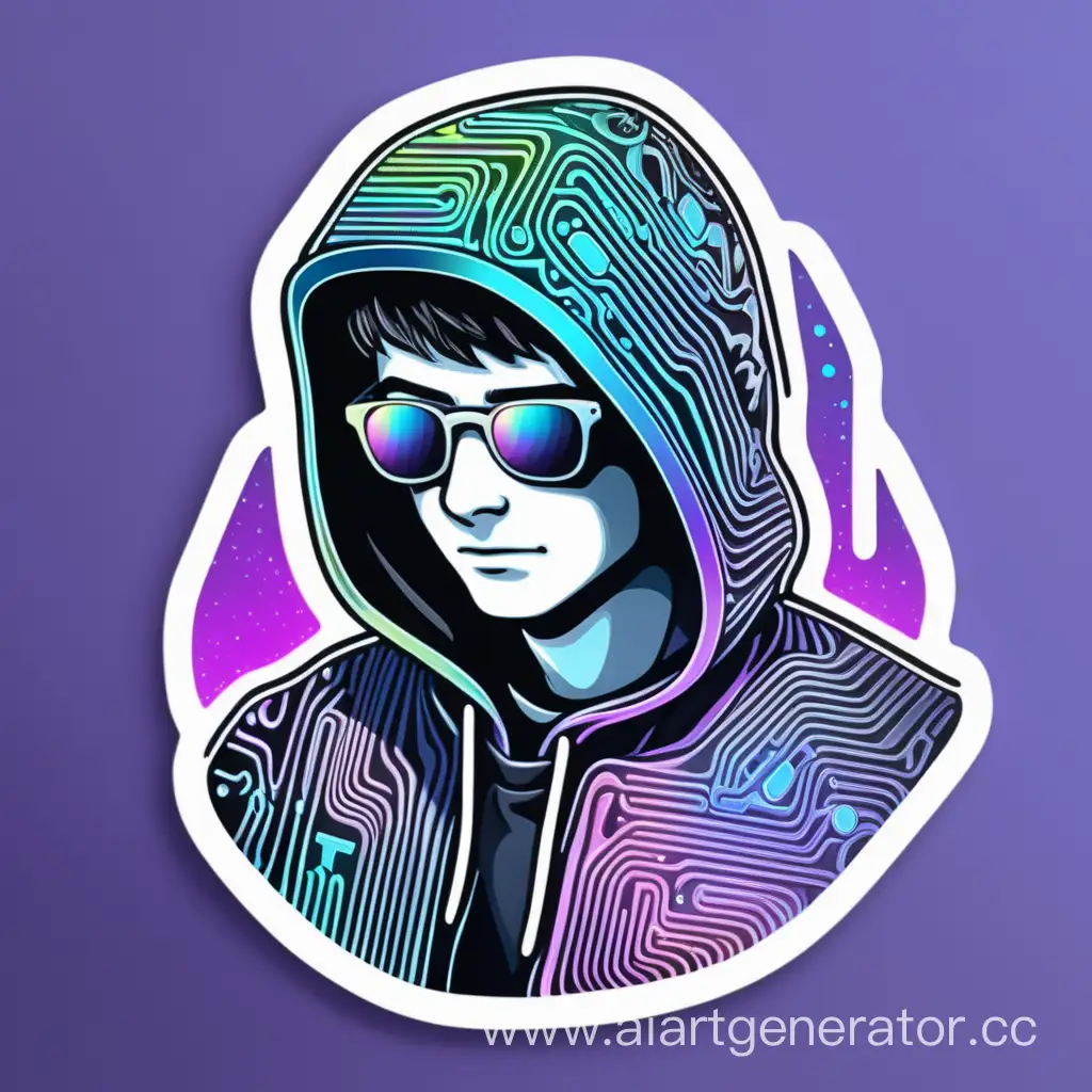 стикер в стиле программирование парень 18 лет переливающиеся хакер арт одноцветный фон