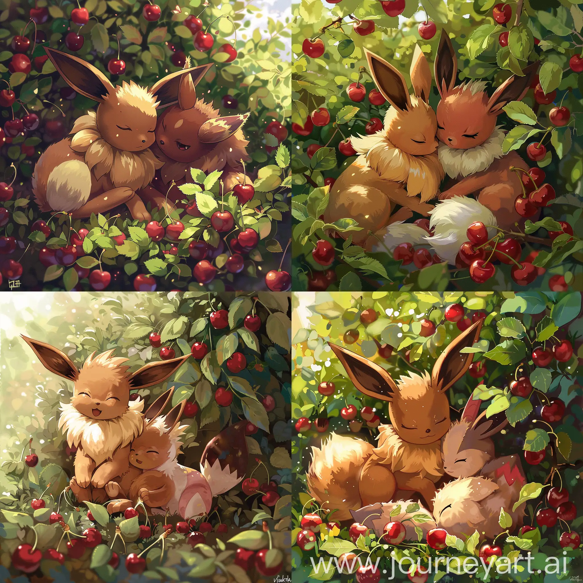 eevee from pokemon sitting in a bush next to a vulpix and they are cuddling. the bush is full of cherries