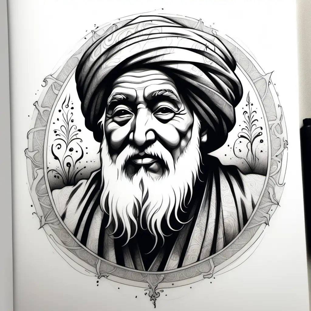 Jalaluddin Rumi Black Ink Shabby Sketch Style