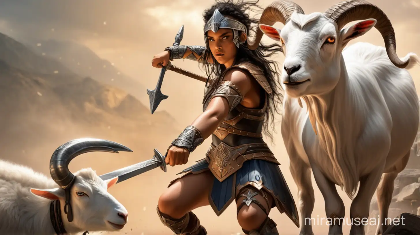 Valkyrie, Amazon girl, warrior woman fights with a goat, epic fantasy
