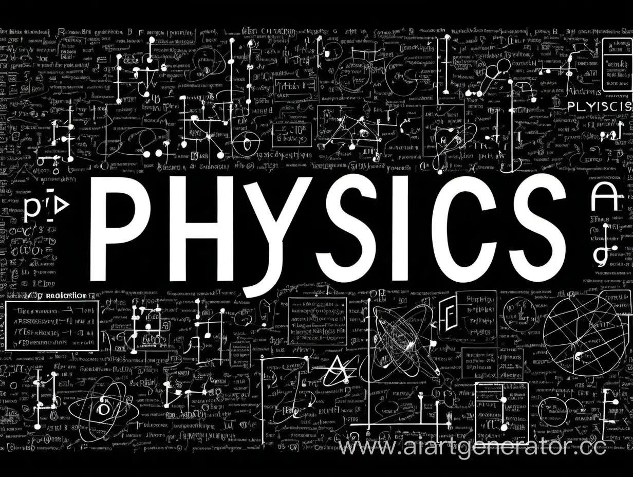 картинка 16 на 9 со словом физика в центре и вокруг него физические формулы более мелким шрифтом белым по черному