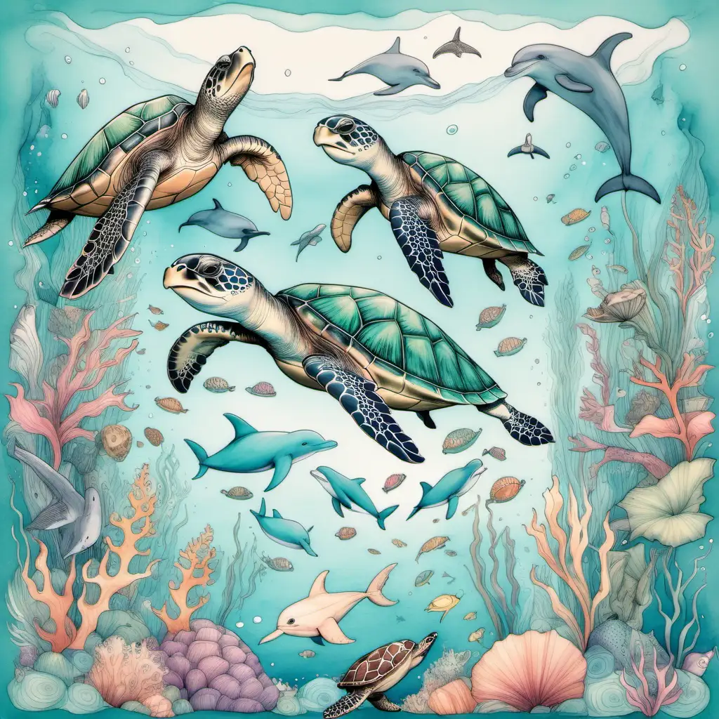 A cozy design adorned with a whimsical aqua scene featuring creatures like turtles and dolphins surround by soft pastel hues. --ar 4:3