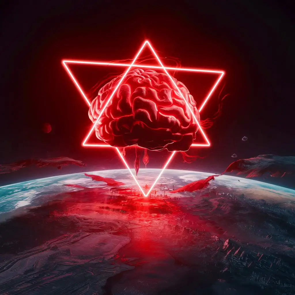 красный неоновый треугольник парящий мозг и делающий странности на планете земля в зле