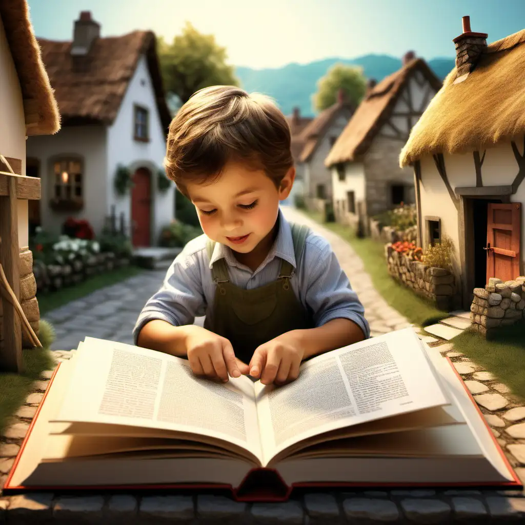 Create me an illustration of a little boy opening a book, and a charming village illustration appears.