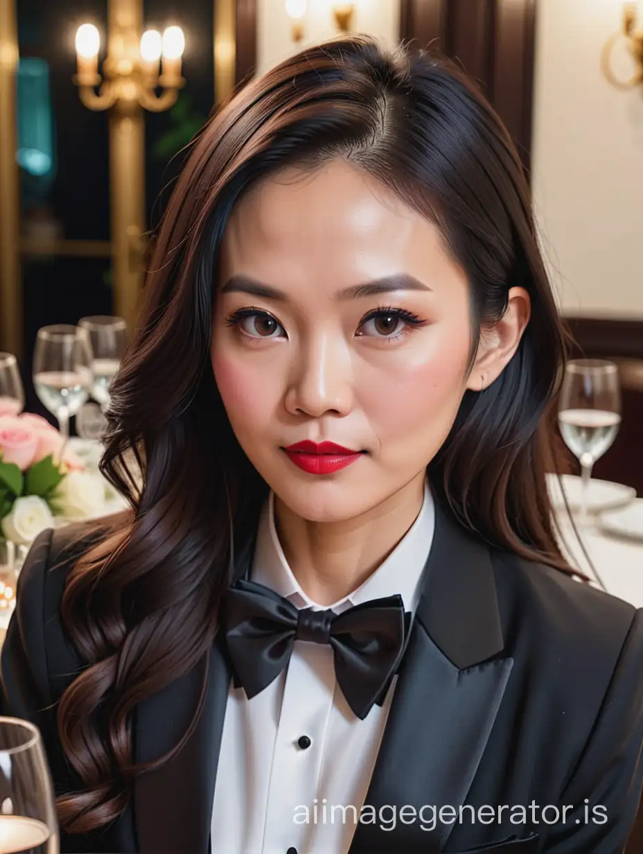 40 year old stern Vietnamese woman with long hair and lipstick wearing a tuxedo with a black bow tie.  She is at a dinner table.