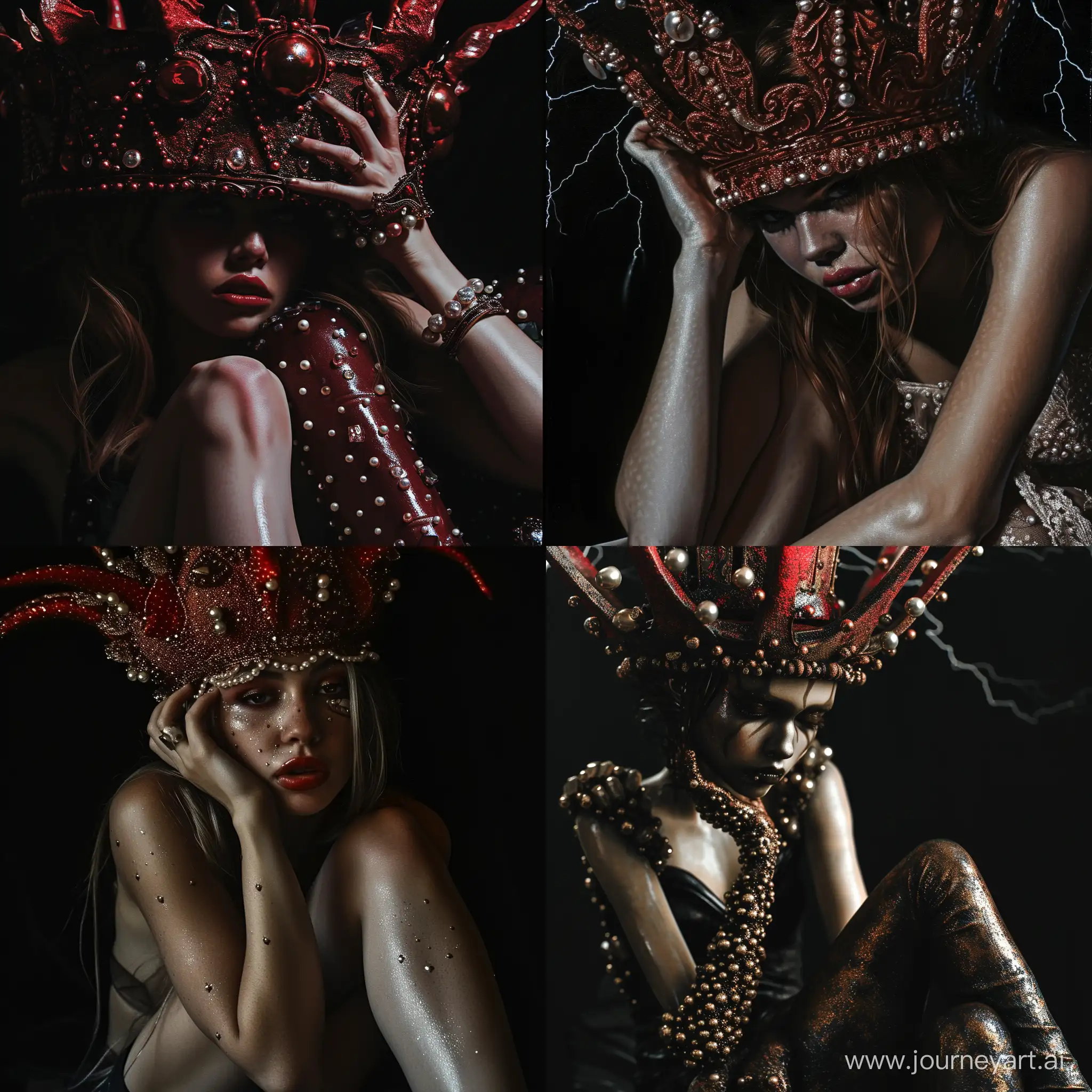 Surrealistic-Portrait-of-a-Girl-with-a-Massive-Red-Bronze-Crown-and-Lightning