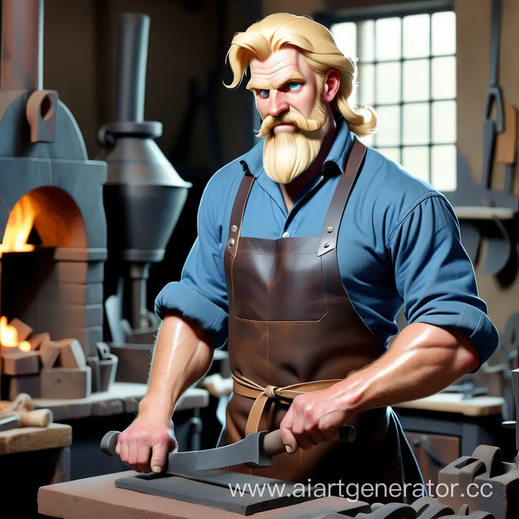 Blonde-Blacksmith-in-Blue-Shirt-Crafting-with-Leather-Apron