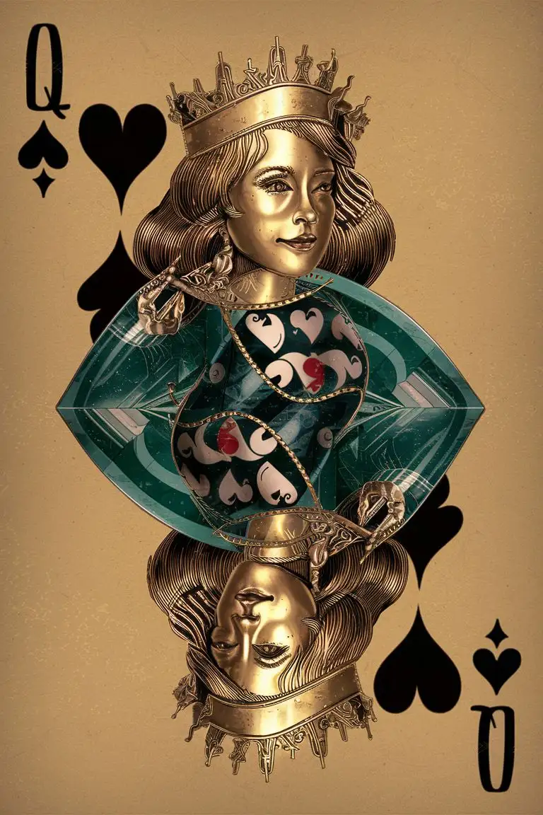 An intricate illustration style design of a Queen of Hearts playing card. Make it surreal. Use brass and/or glass as materials