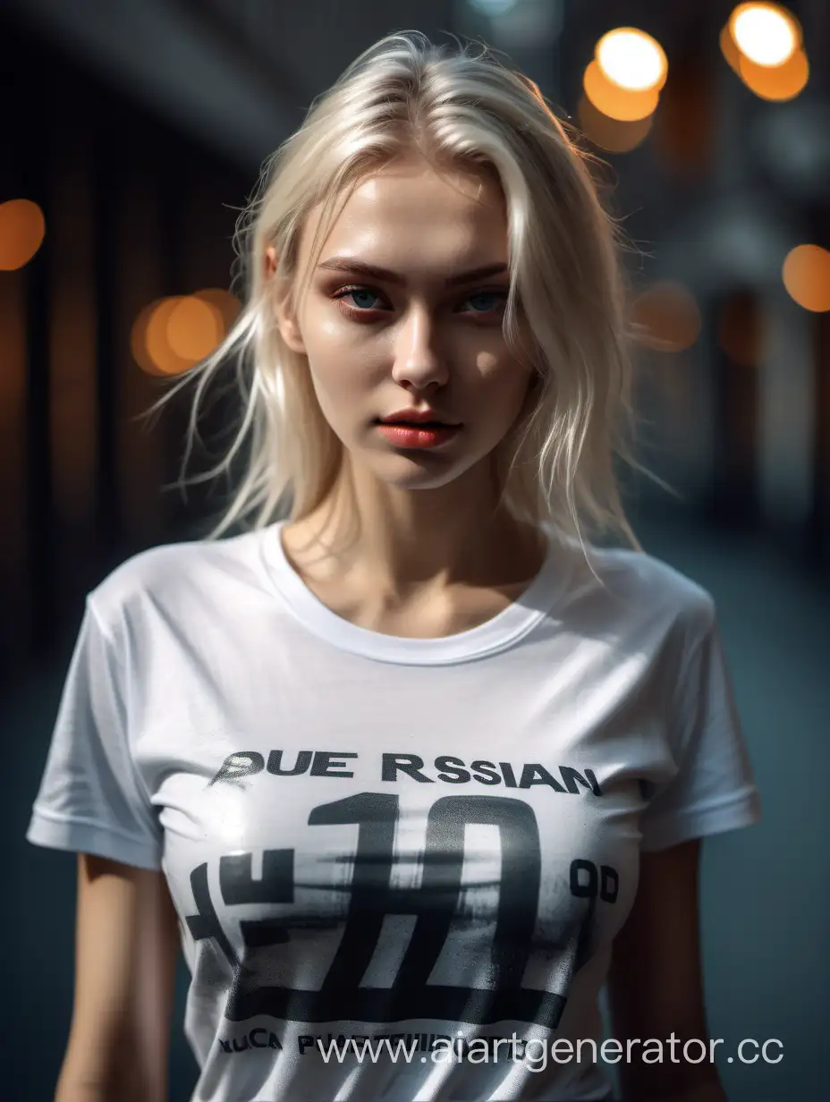 Photo of a beautiful russian model looking at camera, full body, wide shot, detailed skin, film photography, perfect body, realistic, sharp focus, very detailed, 4K HQ, depth of field, f/1.2, Leica, 8K HDR, High contrast, shadows, bokeh, platinum blonde hair, wet t-shirt