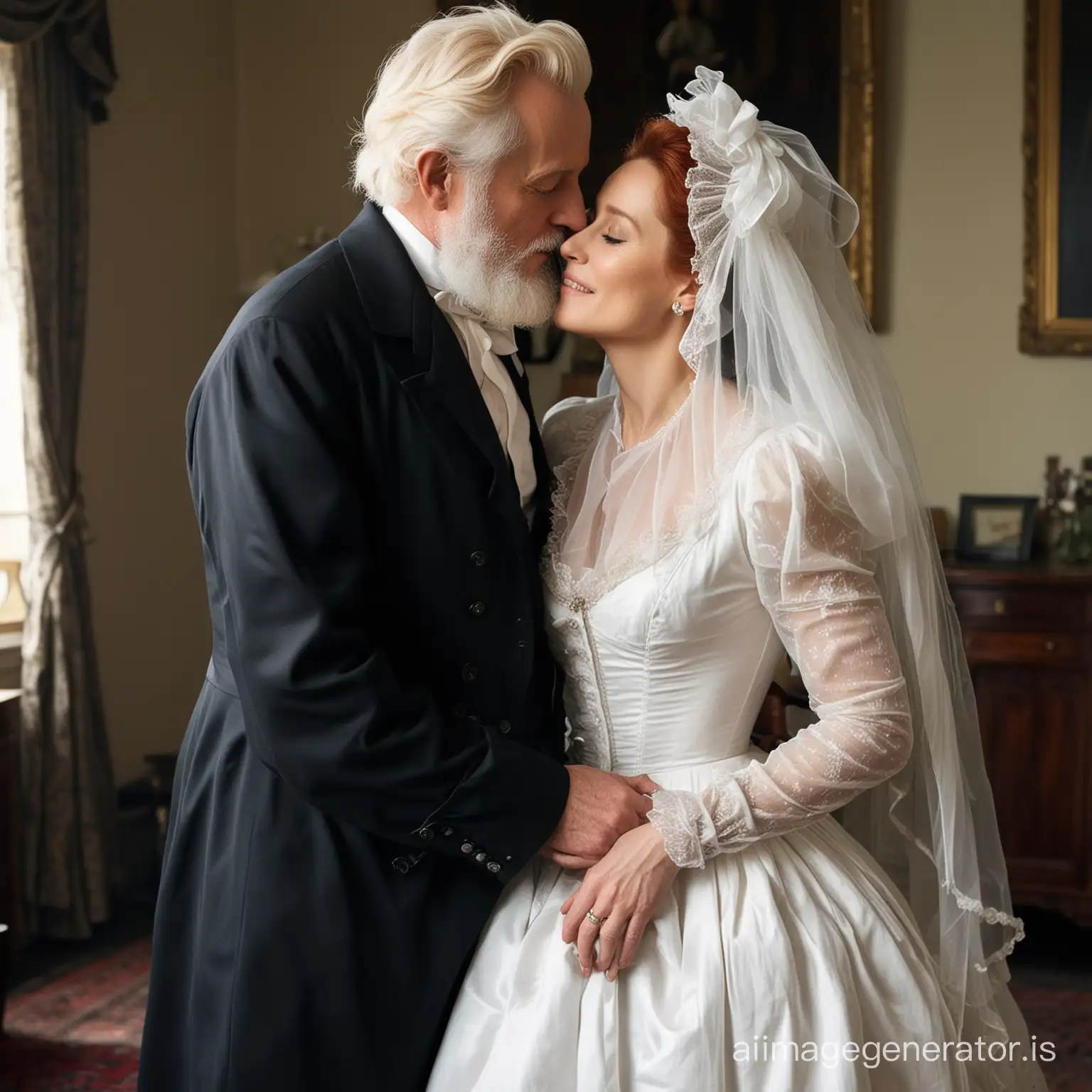red hair Gillian Anderson wearing a poofy black floor-length loose billowing 1860 victorian crinoline dress with  a frilly bonnet kissing an old man who seems to be her newlywed husband