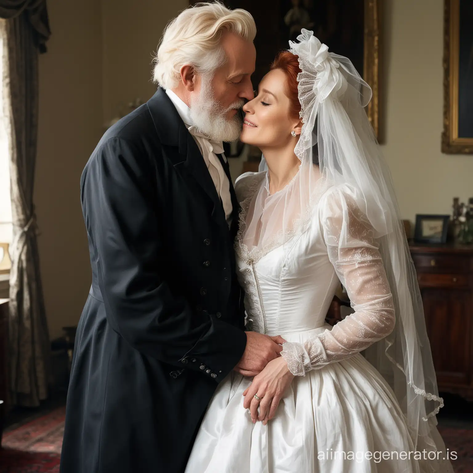 red hair Gillian Anderson wearing a poofy black floor-length loose billowing 1860 victorian crinoline dress with  a frilly bonnet kissing an old man who seems to be her newlywed husband
