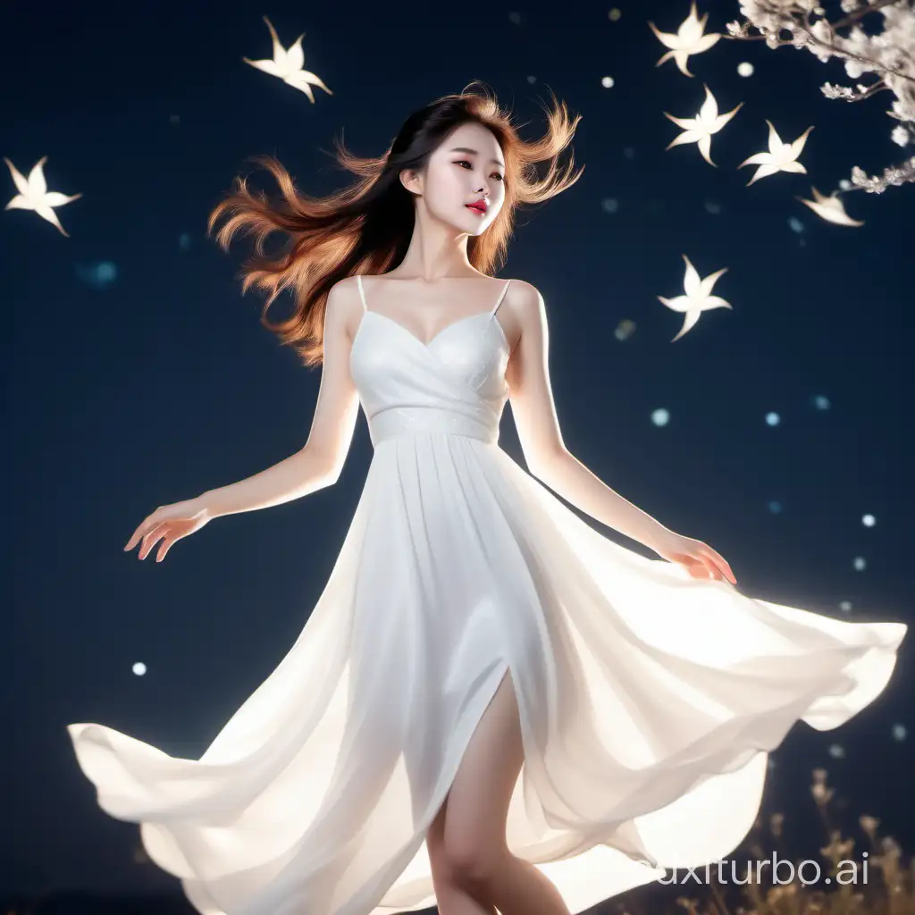 The Chinese girl in a white dress, with a full chest, a charming face, eyes sparkling like stars. She wears a white dress, light and elegant, her hair swaying in the wind, the skirt fluttering with the breeze, like a dream.