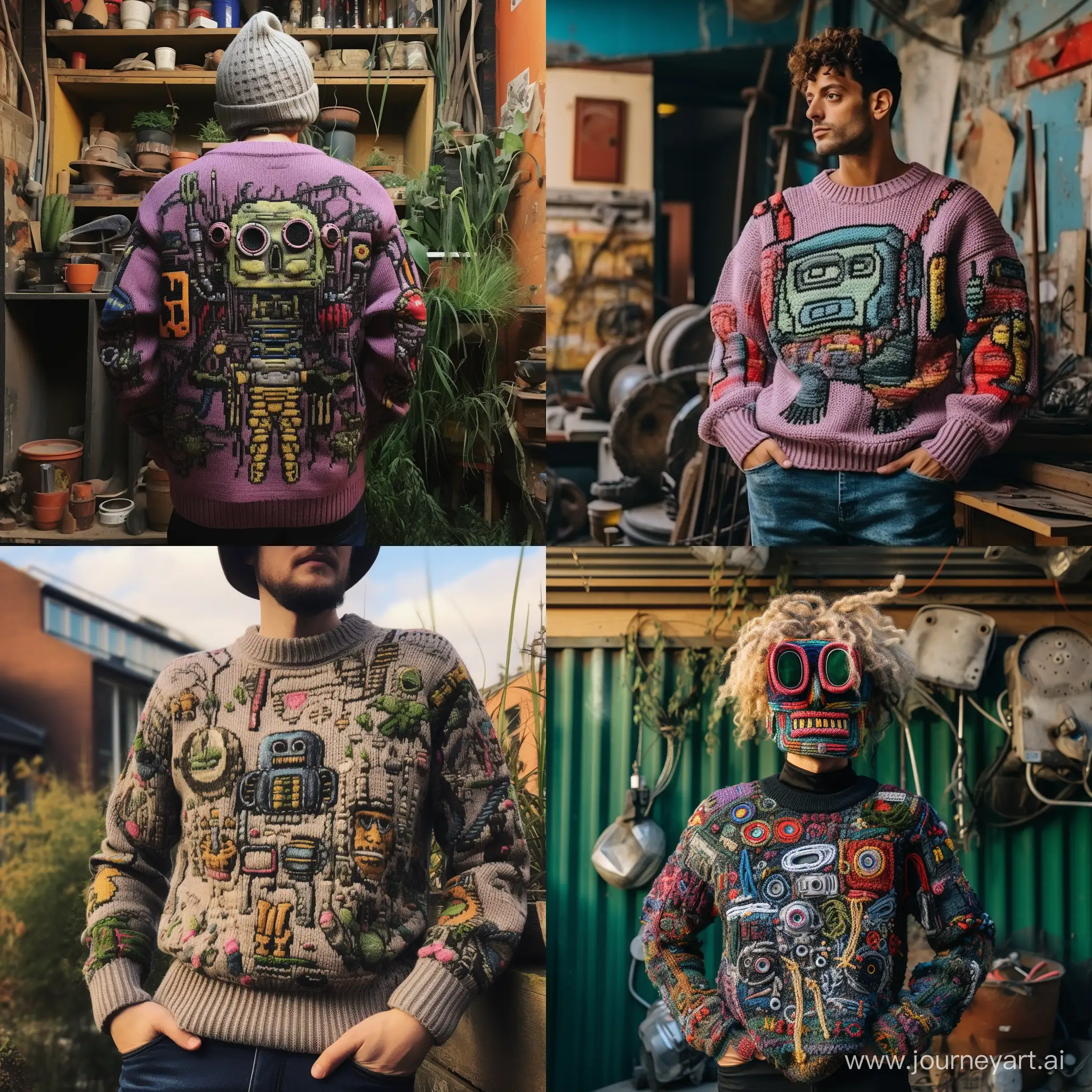 A photo of an oversize knitted sweater with a flat image on the sweater, on which robots, he conquered every person and plant, the image is knitted from threads, punk style of the 80s