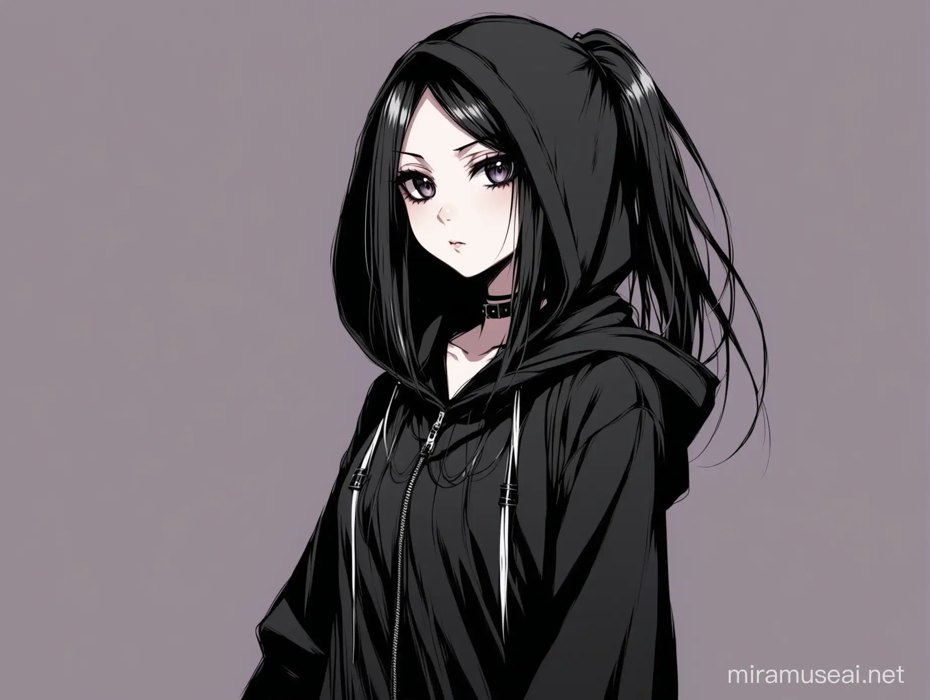 Anime Goth Girl with Ponytail in Hooded Attire | MUSE AI