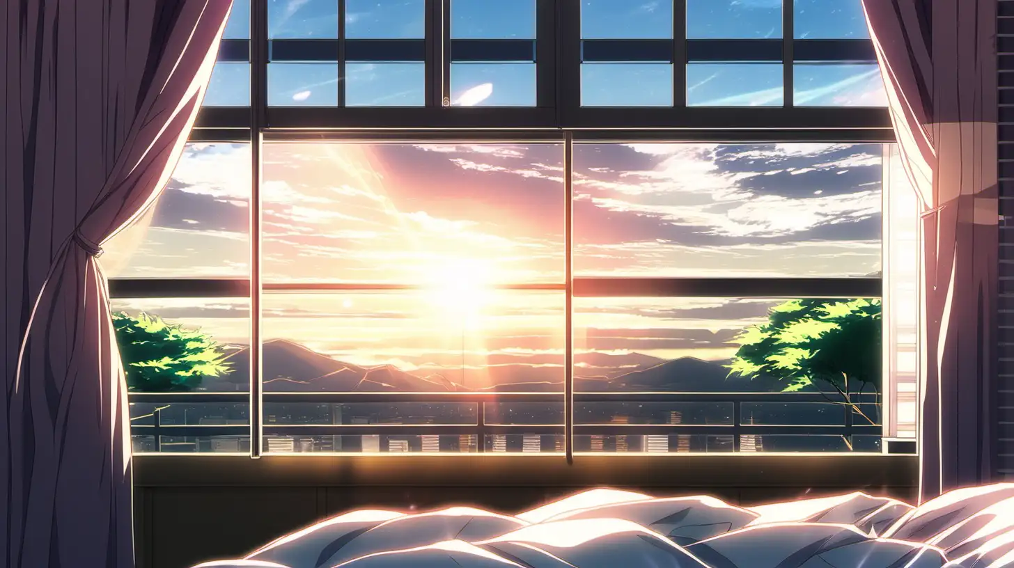 Morning views through the window of a bedroom, anime style