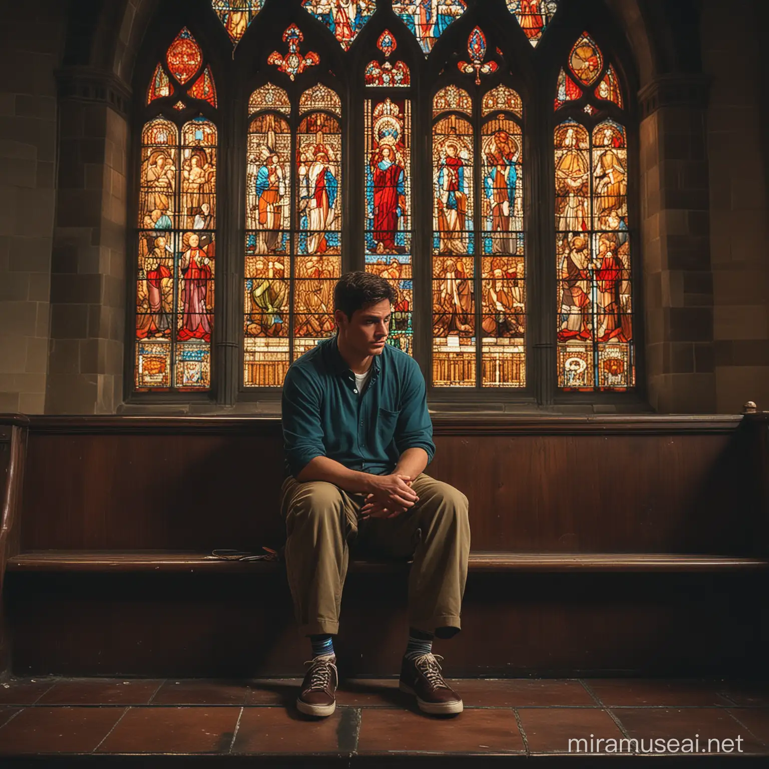 Create a visually striking artwork depicting a dark, somber scene of a solitary figure: a tall, broad, and stocky man seated in a dimly lit church library with stained glass windows casting colorful patterns across the room. The man should have black hair, broad shoulders, and an overweight stature with a round belly. He is casually dressed in cargo shorts, a collared t-shirt, sneakers, and socks. His expression is stern and brooding, with small eyes, a large nose, and big ears. His hazel eyes pierce through the darkness, conveying a fierce connection to the audience. The man's face is rounded with a double chin, sporting a traditional haircut with a side part. The overall color palette should be dark, with shades of brown and maroon dominating the scene, illuminated by the vibrant hues of the stained glass windows. The man is depicted alone, absorbed in his thoughts, and staring intensely into the distance, adding depth and emotion to the composition.
