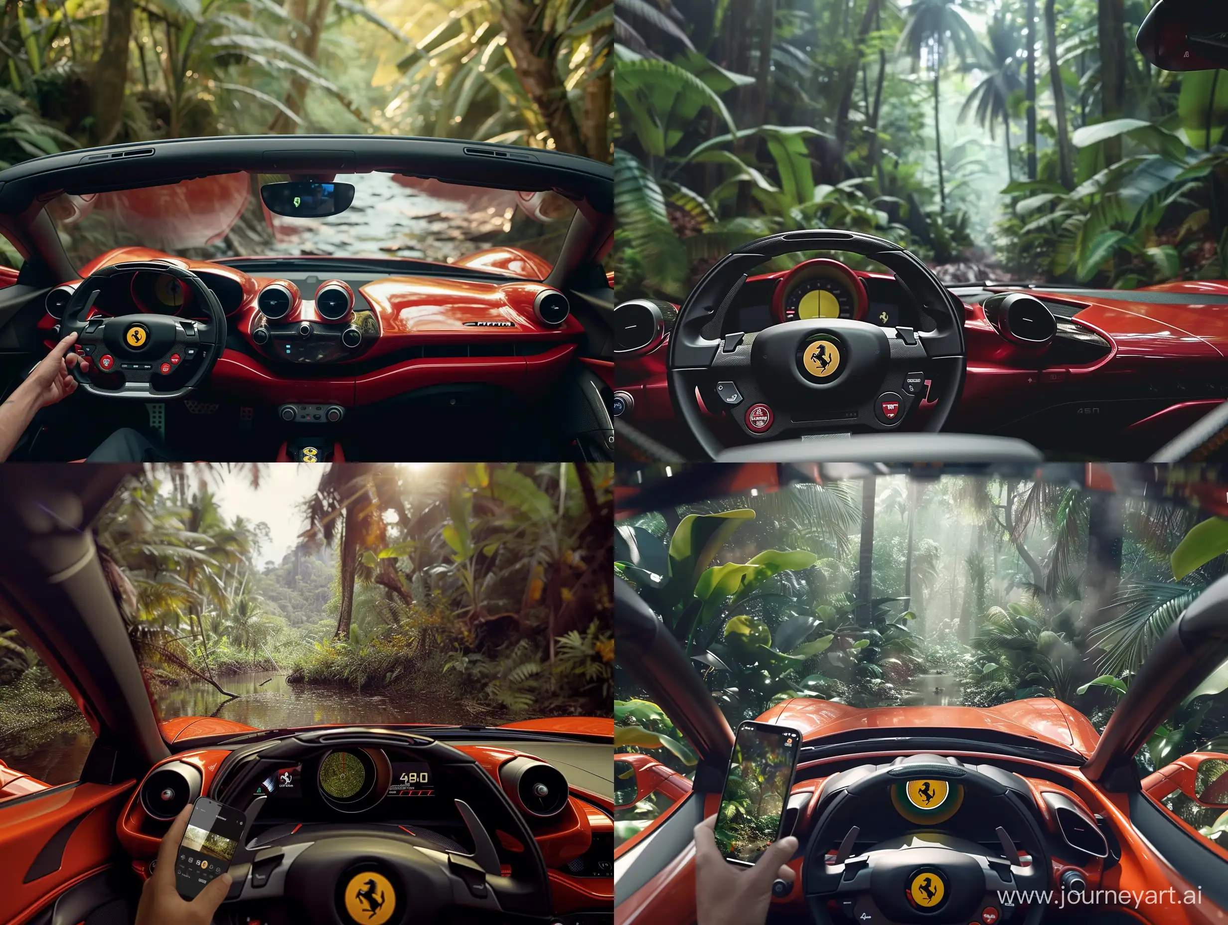 Driving a Ferrari with an Iphone 15 in hand, driving through a very rich jungle area, 4k, super realistic, photo