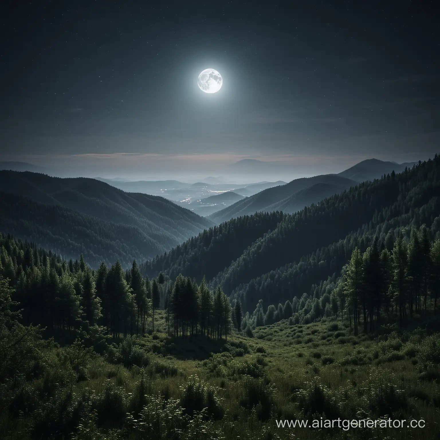 Mystical-Moonlit-Forest-on-Hillslope-with-Mountainous-Horizon