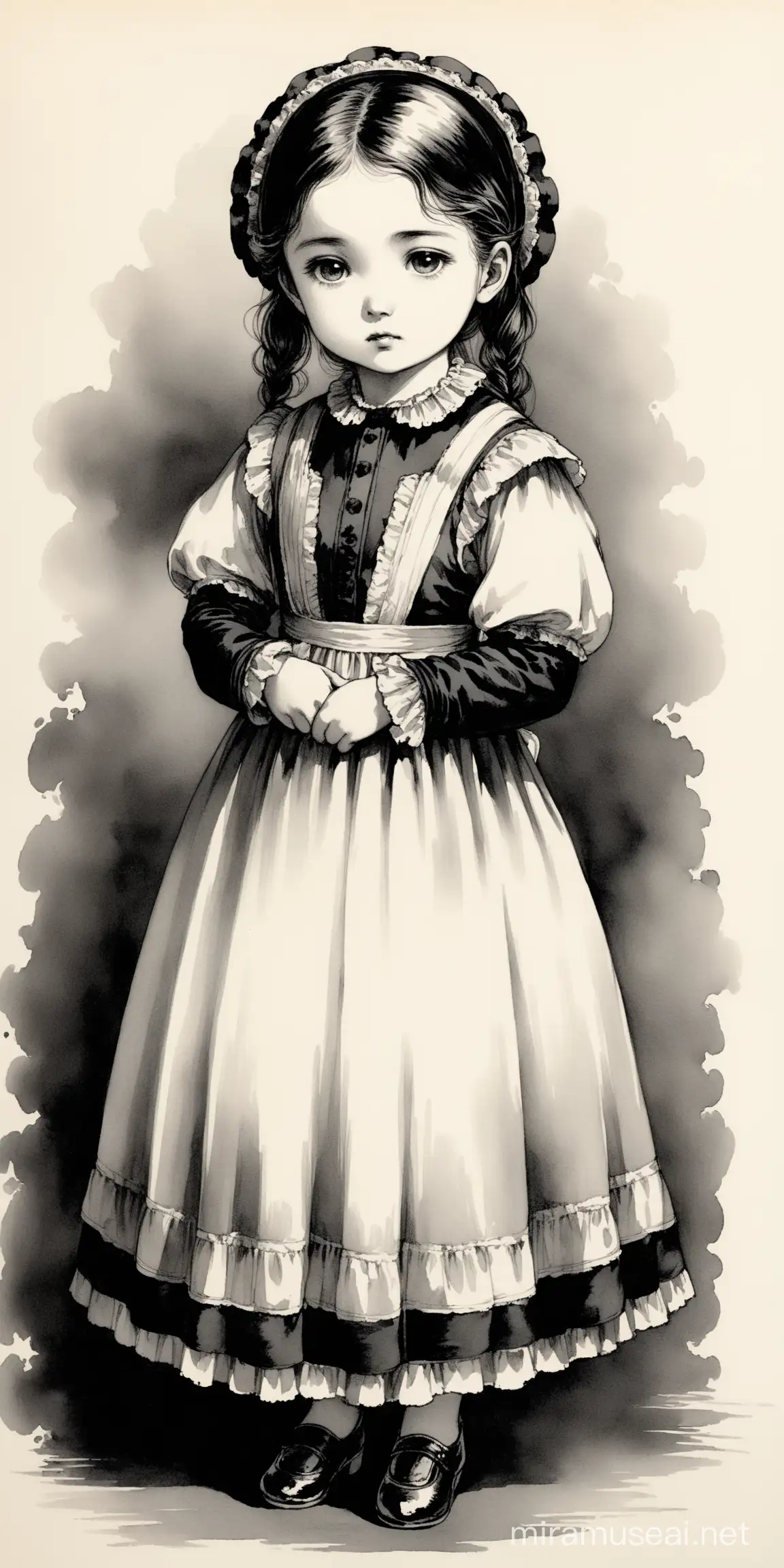 Young orphan girl, Victorian era, ink painting, black and white