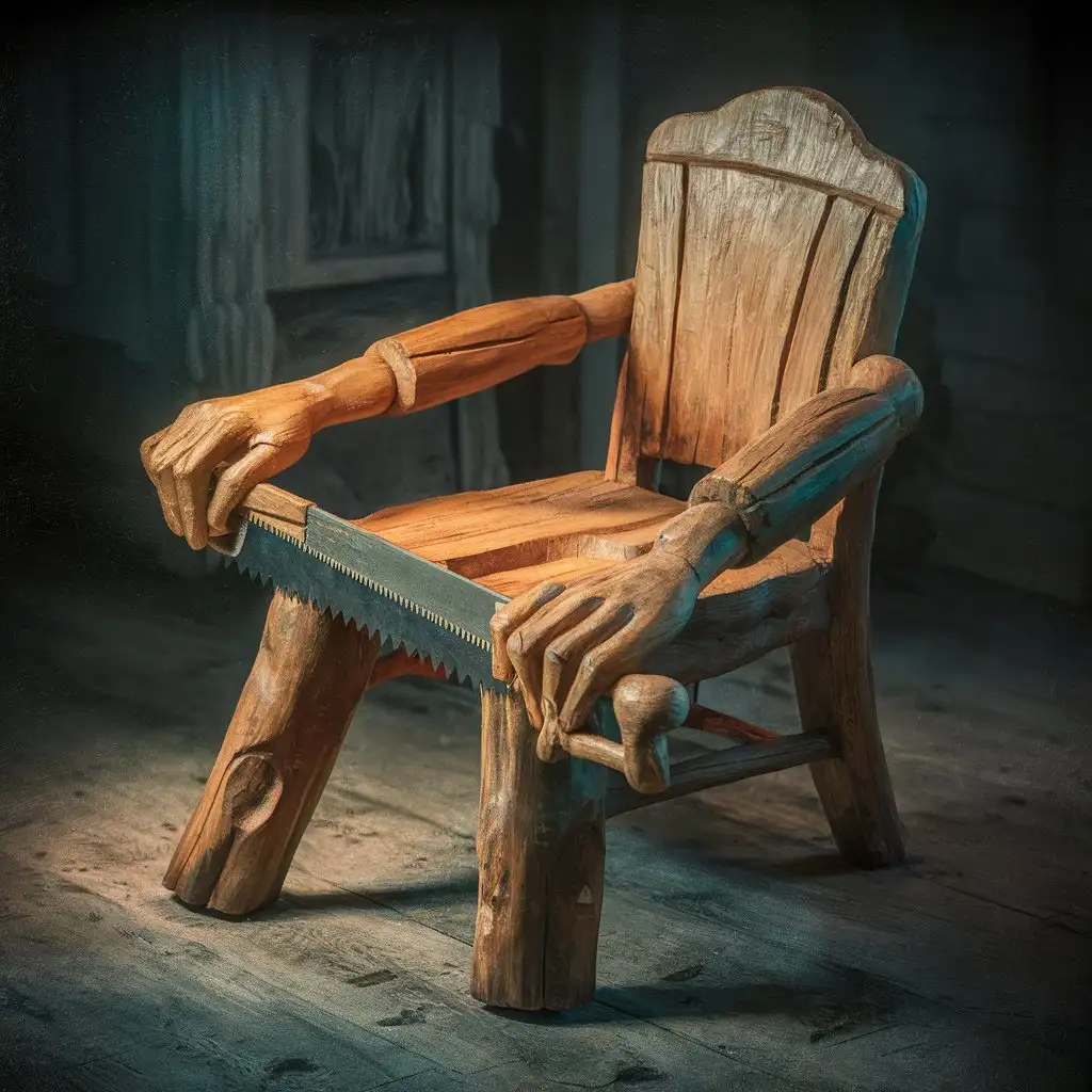a chair made of wood, still cutting its own final leg with its own hands