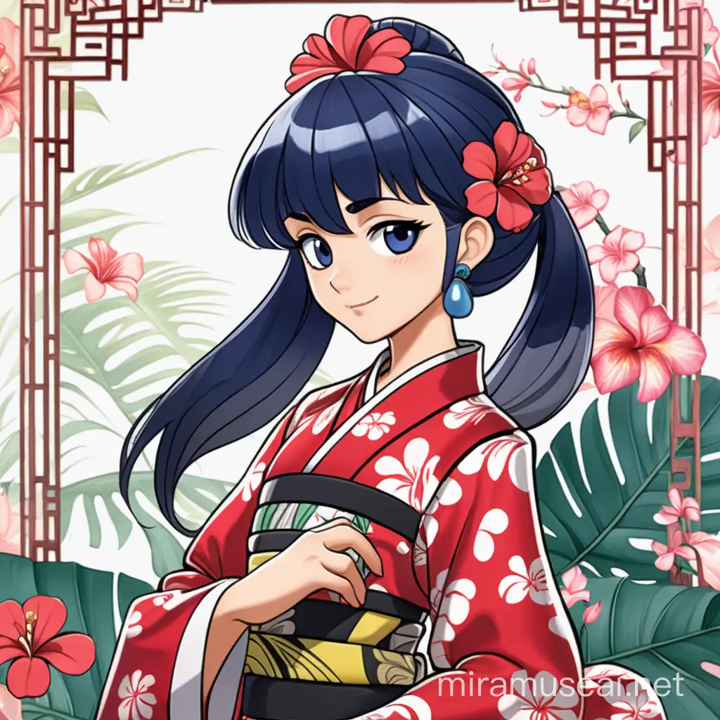 A Chinese Princess Marinette Dupain-Cheng with a Hawaiian-Chinese gothic flowery outfit. Old Anime 2D style