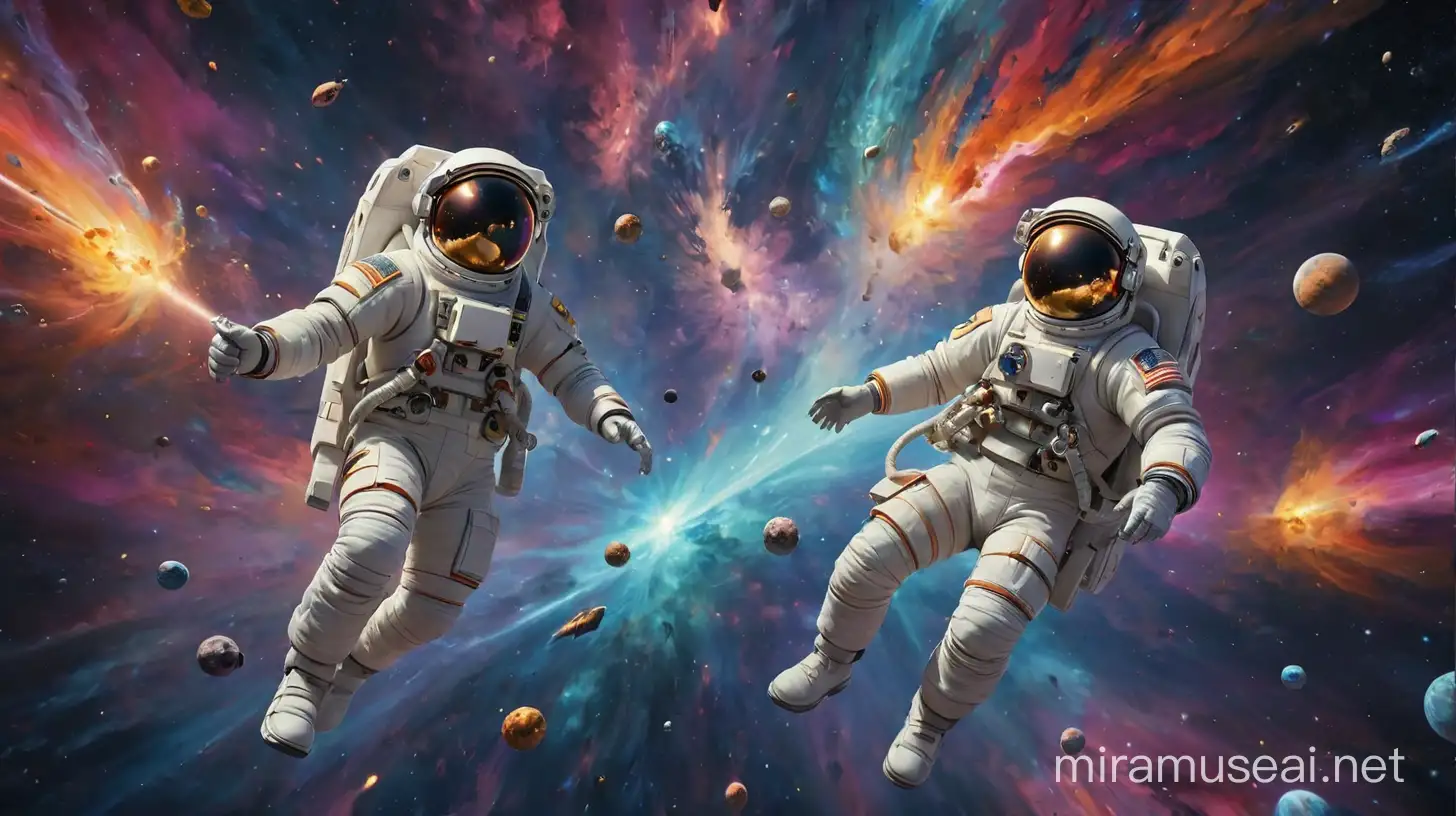 Two astronauts floating in space with a lot of colors, anime style, hyperrealistic, masterpiece, stars, galaxies, starships, rockets, starbase
space vortex