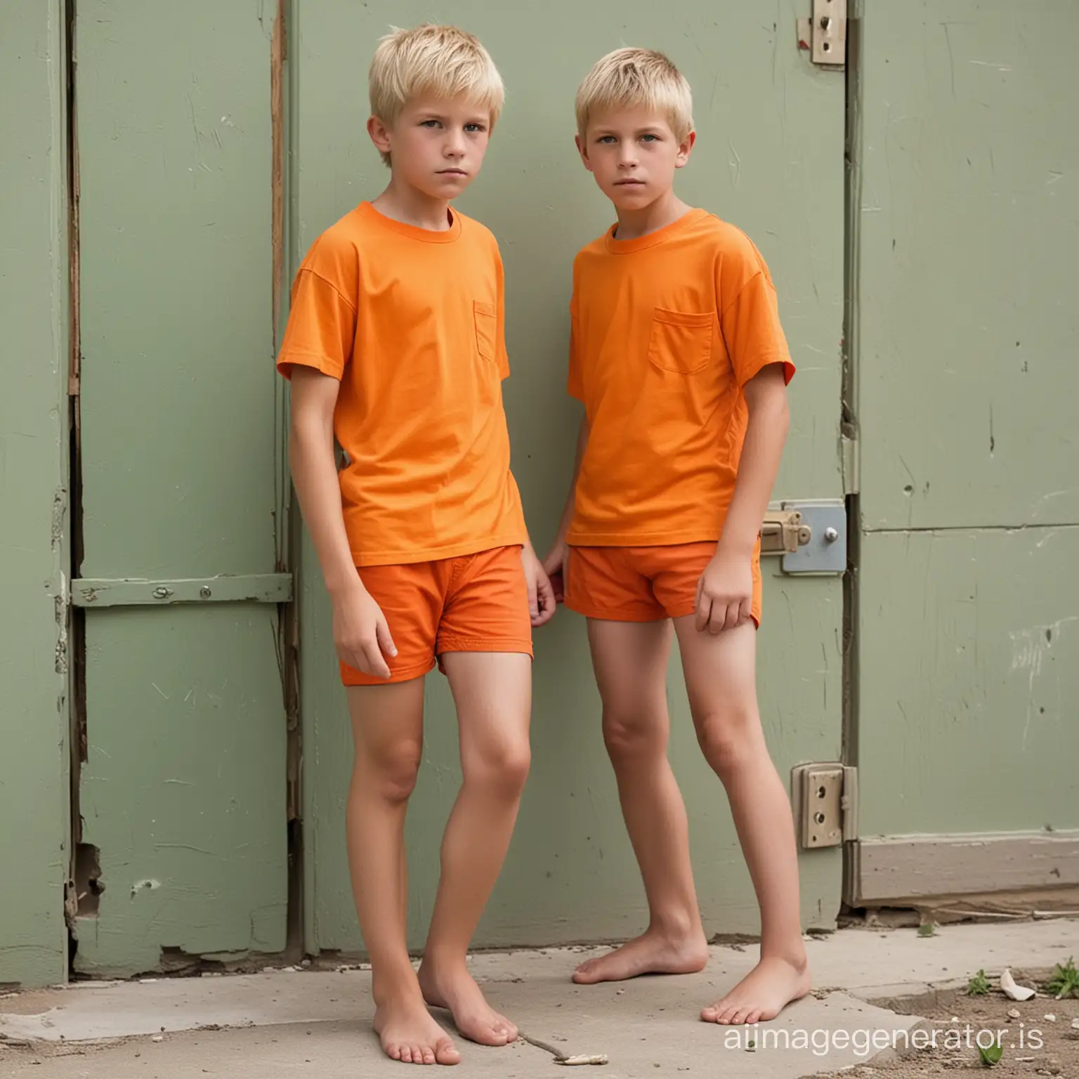 Two 11-year-old boys with blond hair in orange short-sleeved shirts, orange very short shorts, barefoot,  Inside Juvenile Prison., photo