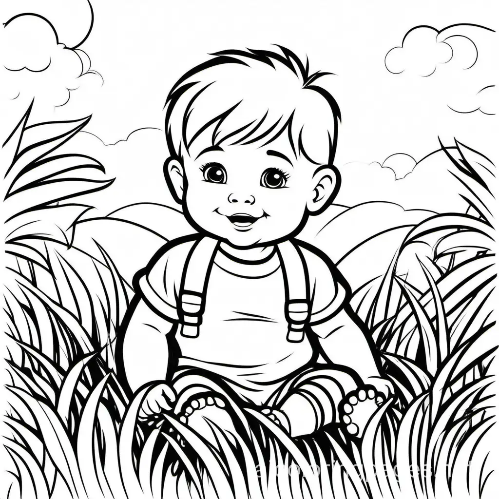cute baby on grass, Coloring Page, black and white, line art, white background, Simplicity, Ample White Space. The background of the coloring page is plain white to make it easy for young children to color within the lines. The outlines of all the subjects are easy to distinguish, making it simple for kids to color without too much difficulty