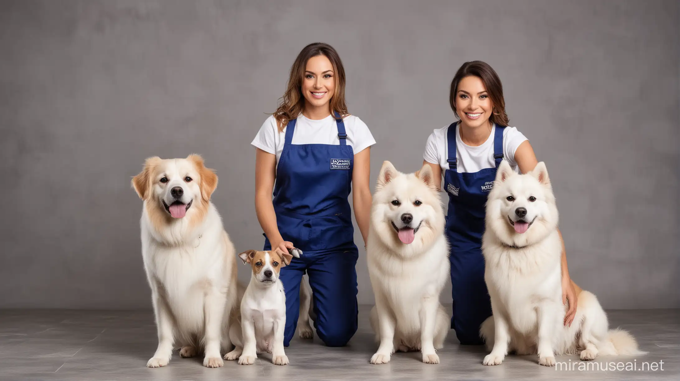 Two professional woman dog groomers posing with dogs