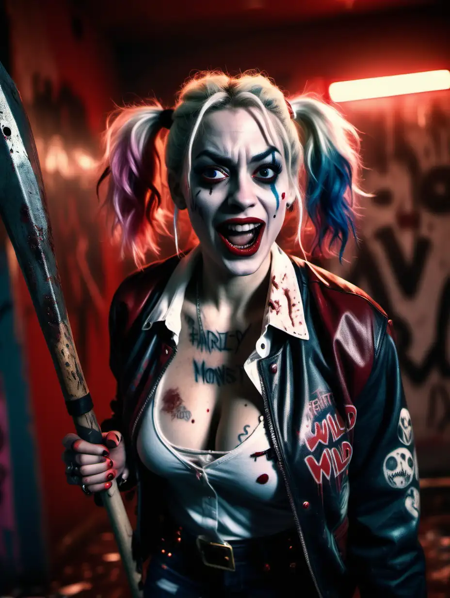 pov view of a Photorealistic, cinematic portrait of an attractive mature frightened Harley Quinn, wild frizzy hair, horror makeup, laughing, tattoos, looking into the face of a monster, background is a mysterious dark red glowing room with graffiti, on the walls, sad face, very nervous, ripped baseball jacket, white string vest, carrying a huge bloodstained axe over her shoulder, fully clothed, clothed