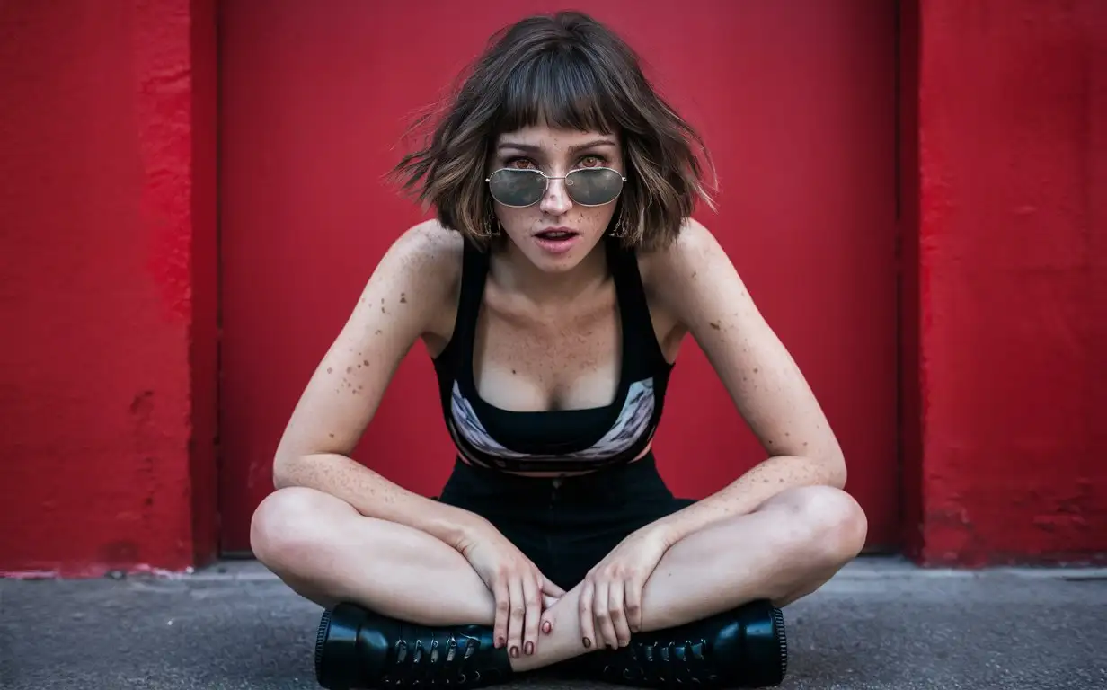 Cinematic full shot of a young French woman, 22 years old. She has freckles, moles, hazel eyes, and short wavy bob hair. Red wall. Sitting on the ground with her legs crossed in a model pose. She's wearing street hood clothes, aviator eyeglasses, straight to the camera.