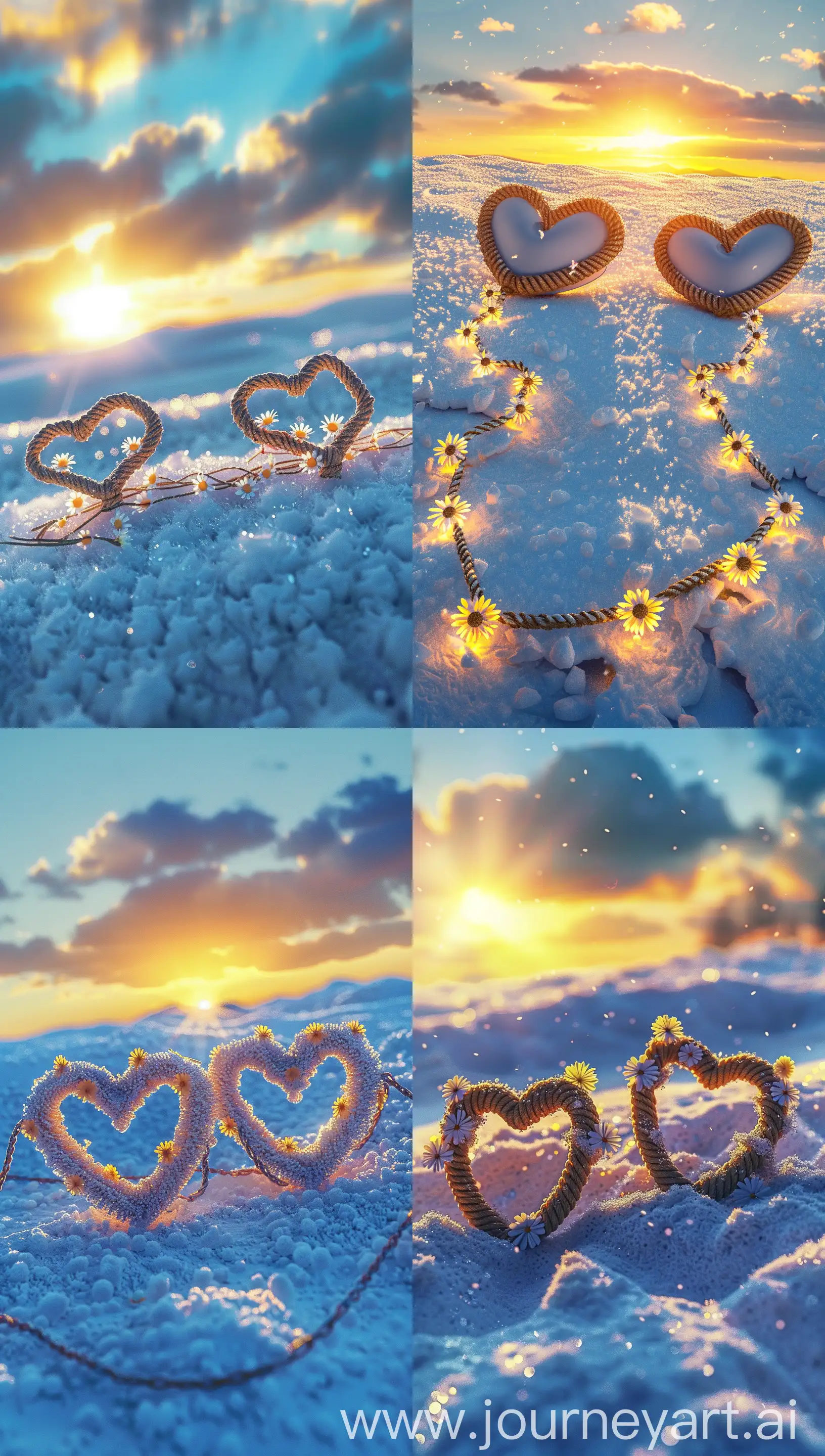 Romantic and beautiful snow scene, blue sky sunset, two heart shaped garlands woven with small daisies on the snow, very beautiful and romantic, lemon yellow, tyndal light effect, epic 3G Rendering, Volumetric Lighting, Lighting Effects, Panoramic, Ultra Sharp, Ultra Detailed, Ultra Realistic, 3D, Ultra Beautiful, ureal --ar 17:30