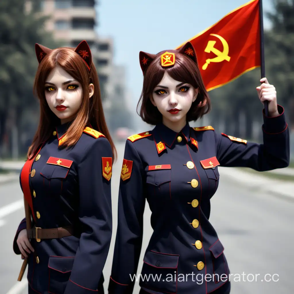 Communist squad two catgirls, Armenian, yellow eyes, brown hair 
