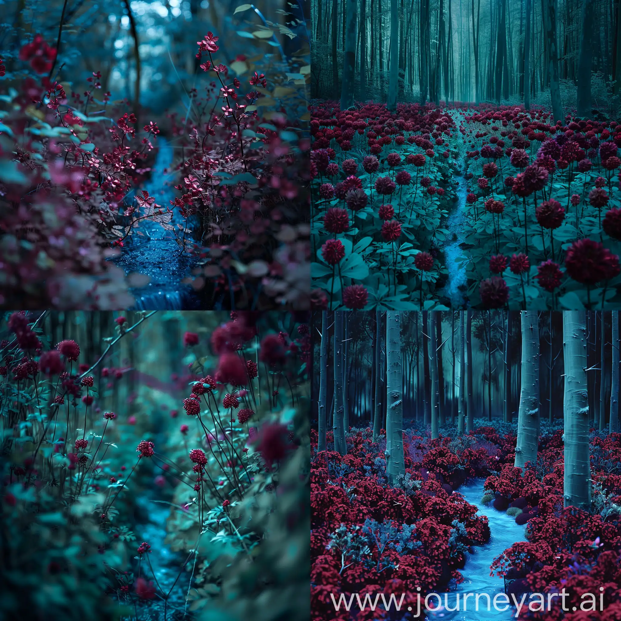 Маленькие бордовые очень густо растущие цветочки в сине- зеленом лесу, посреди них течет очень тонкий голубой ручеек, профессиональное фото, фотореализм, ultraHD