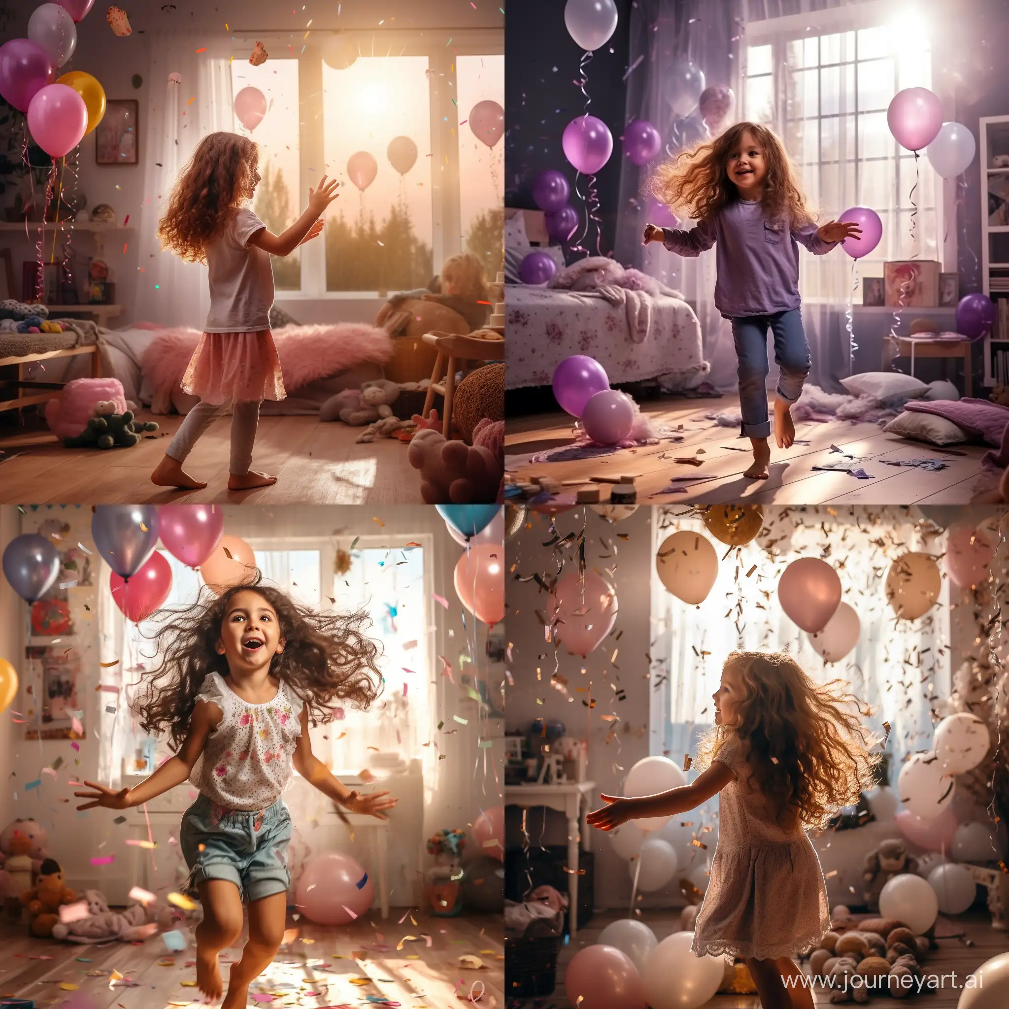 在敞亮的房间里小女孩在在自己生日派对上给大家跳舞简洁的写实照片