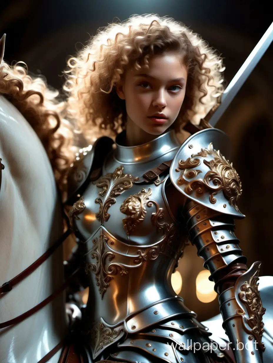 ultrarealistic iluminated beautiful curly angel in a magnificent horse, macro camera zoomed on her face, hiperdetailed iron armor, lightining sword, posing like a hero