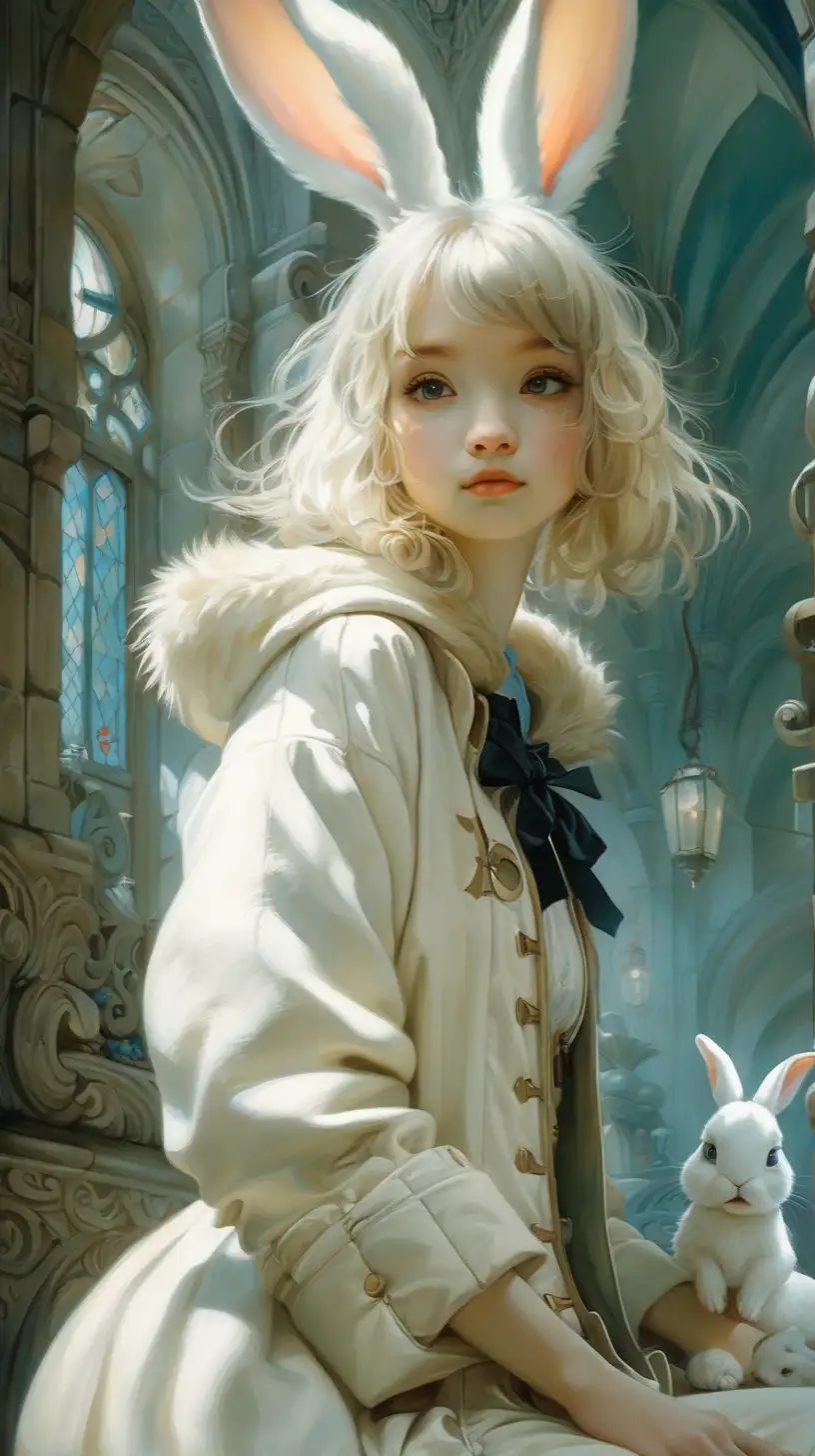 Fairytale, white rabbit, cute expression, expression by Tran Nguyen Jeremy Mann Intricate, Complex contrast, HDR, Sharp, soft Cinematic Volumetric lighting, stylized colours, wide long shot, perfect fantasy art masterpiece, V 6.0