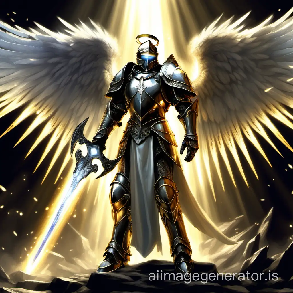 Ангел-паладин, светящиеся крылья, закрытый рыцарский шлем, светящиеся глаза, свет из глаз, светящееся оружие, блестящие доспехи, сражается