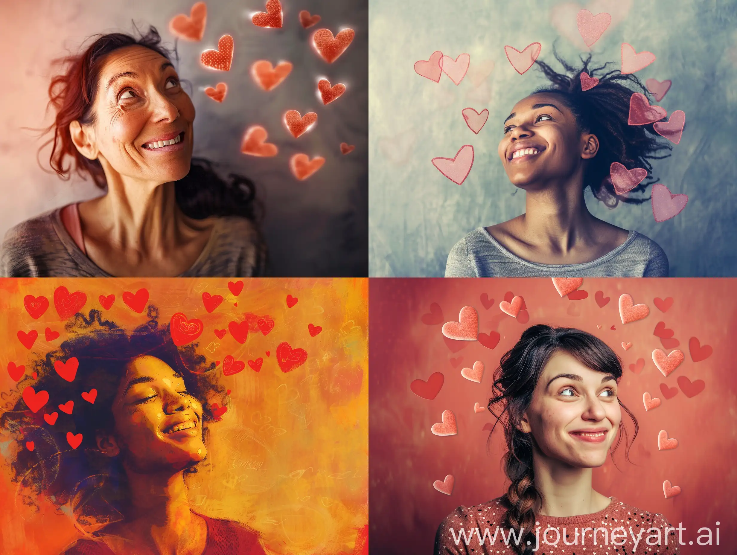 portrait of a woman with an expression of joy and delight on her face and hearts swirling above her for valentine's day