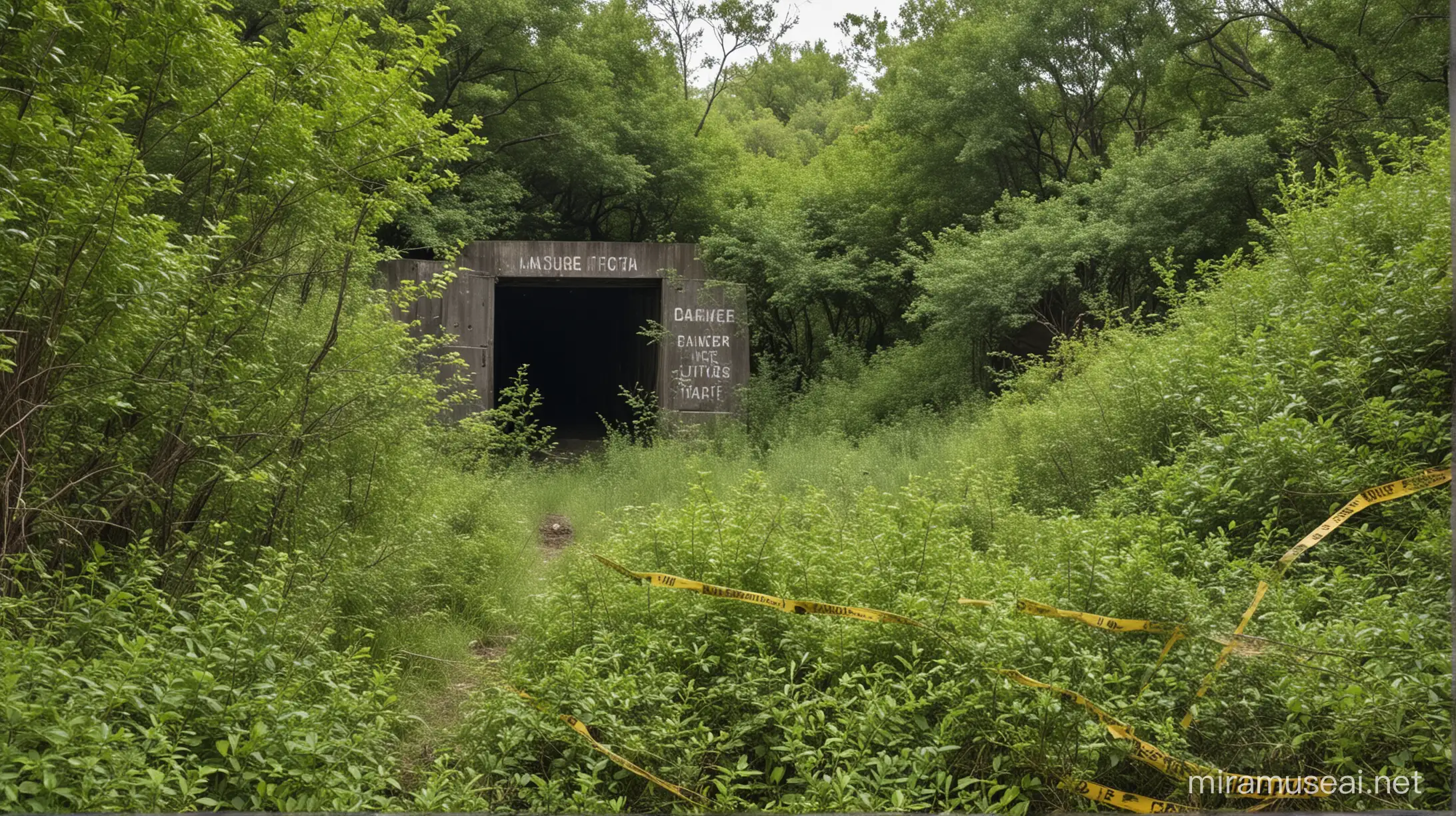 An abandoned mine shaft, its entrance barely visible amidst overgrown bushes and trees. A sign warns of danger, with caution tape fluttering in the breeze.
