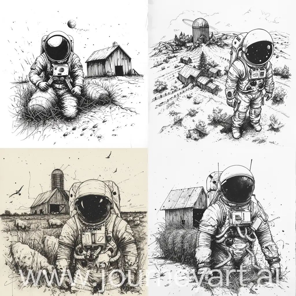 Make a black and white ink drawing of an astronaut in a big farm