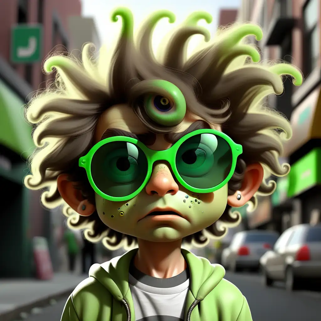 Un moco verde con tres ojos y gafas de sol y ropa de calle niño pequeño con mucho pelo