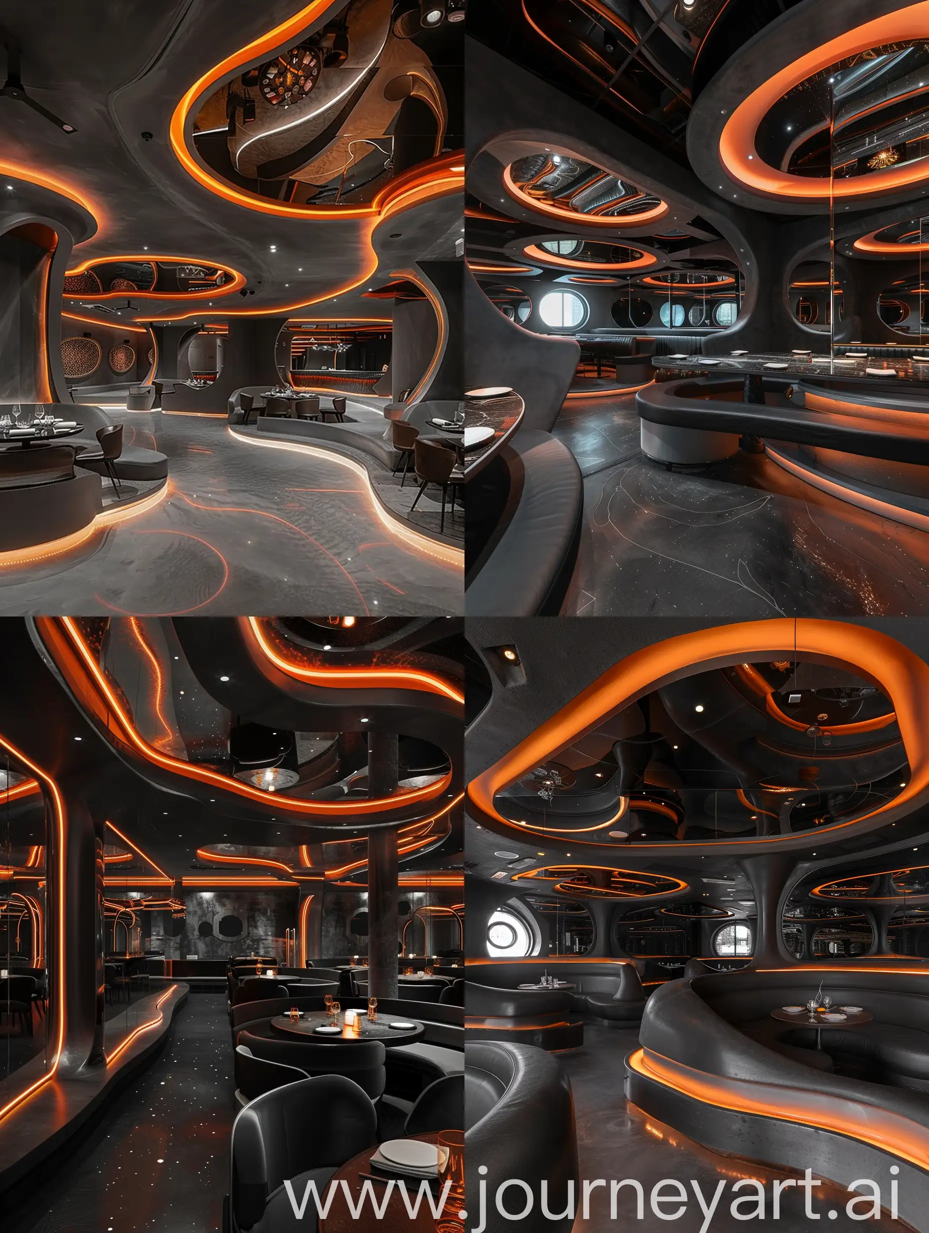 设计一个异形空间的牛扒餐厅，可以用弧线区分就餐区，风格可以参考北京大同烧鸭店的设计风格，主色调为深灰色搭配橙色氛围灯，天花是镜面天花