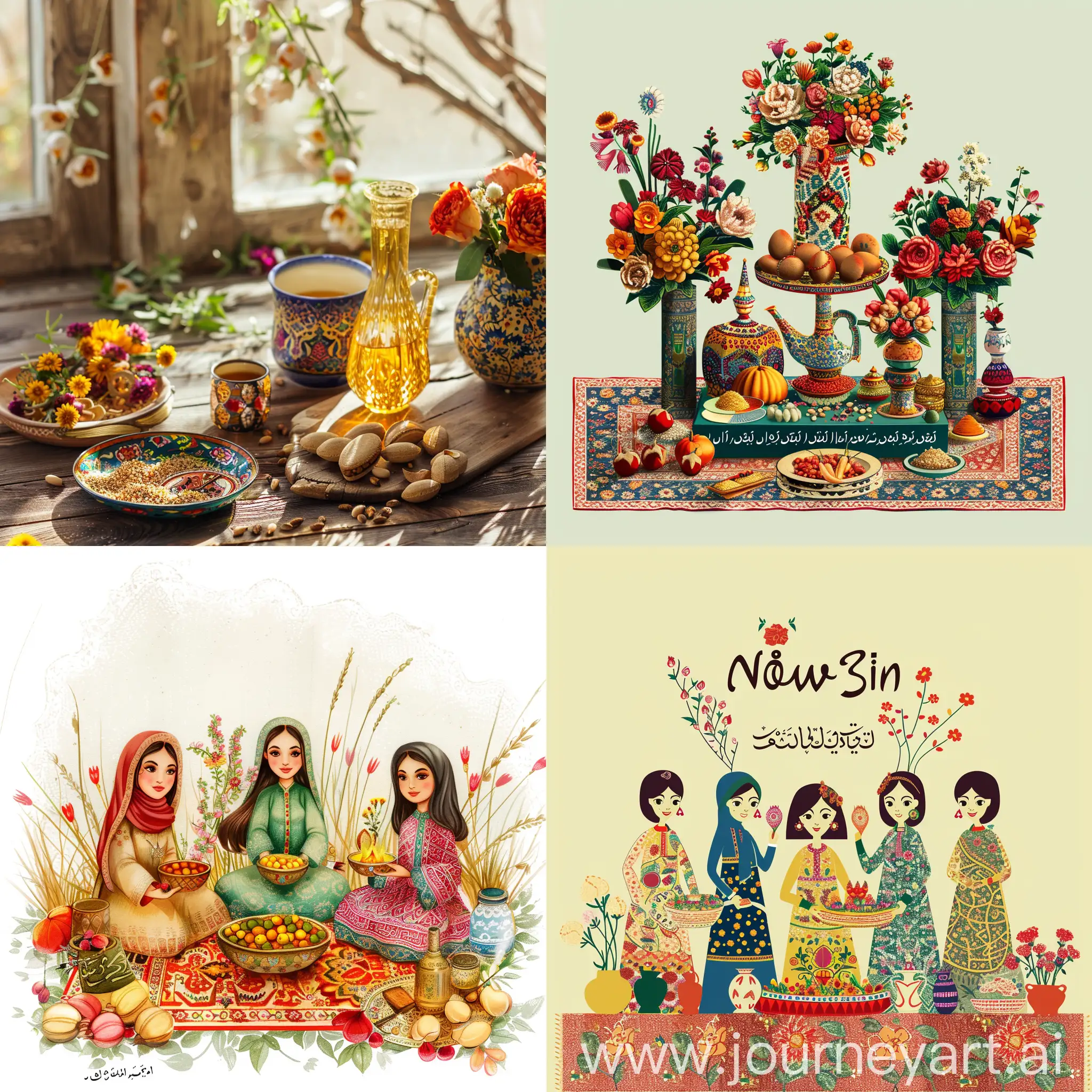 a nowruz(persian new year celebration) celebration, add the persian patterns to pic and aslo the elements of "haft-sin" in the picture; also leave a free space for typing under the elements
