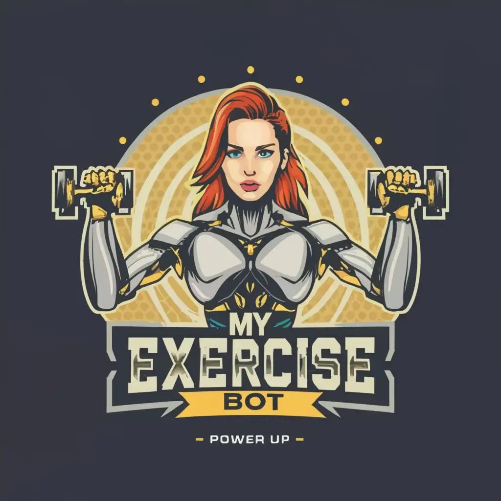 logo, muscular female robot, with the text "My Exercise Bot", "Power Up"