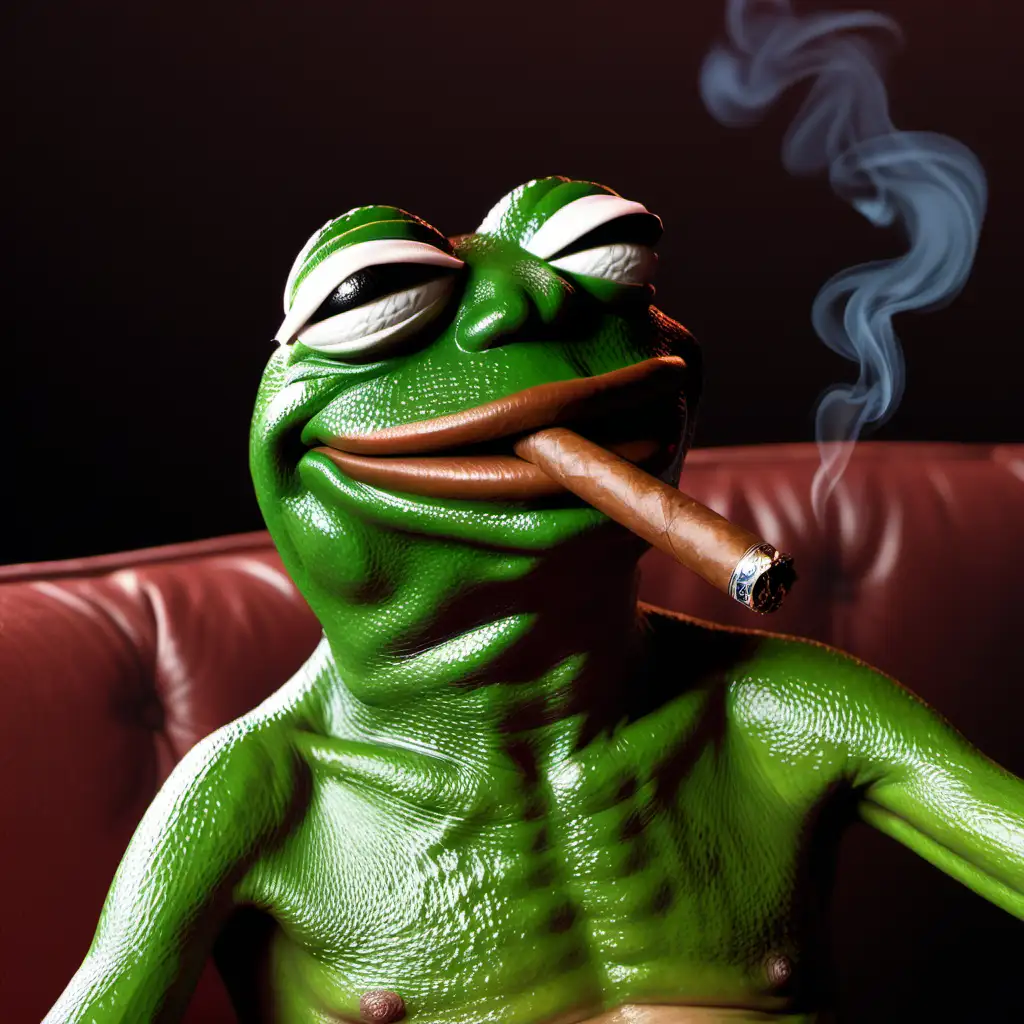 Cheerful Pepe the Frog Smoking Cigar Shirtless