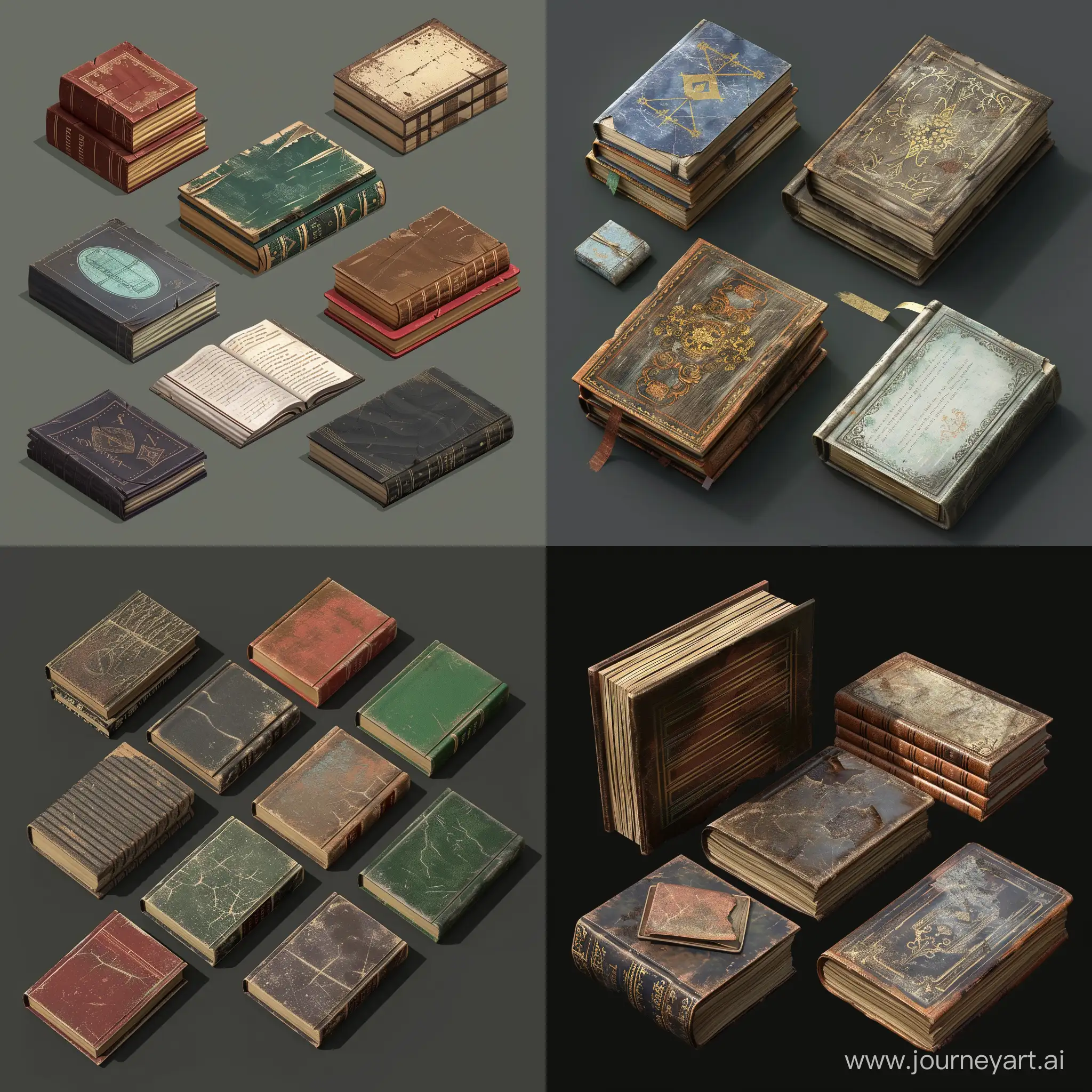 isometric very realistic detailed worn book set, 3d render, no labels, no patterns
